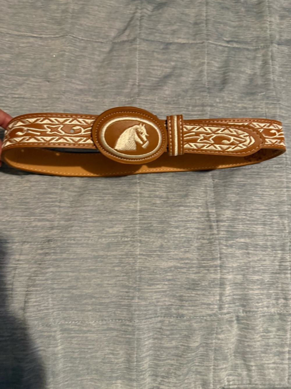Ya Los Angeles Tan Belt with White Embroidered Horse Buckle